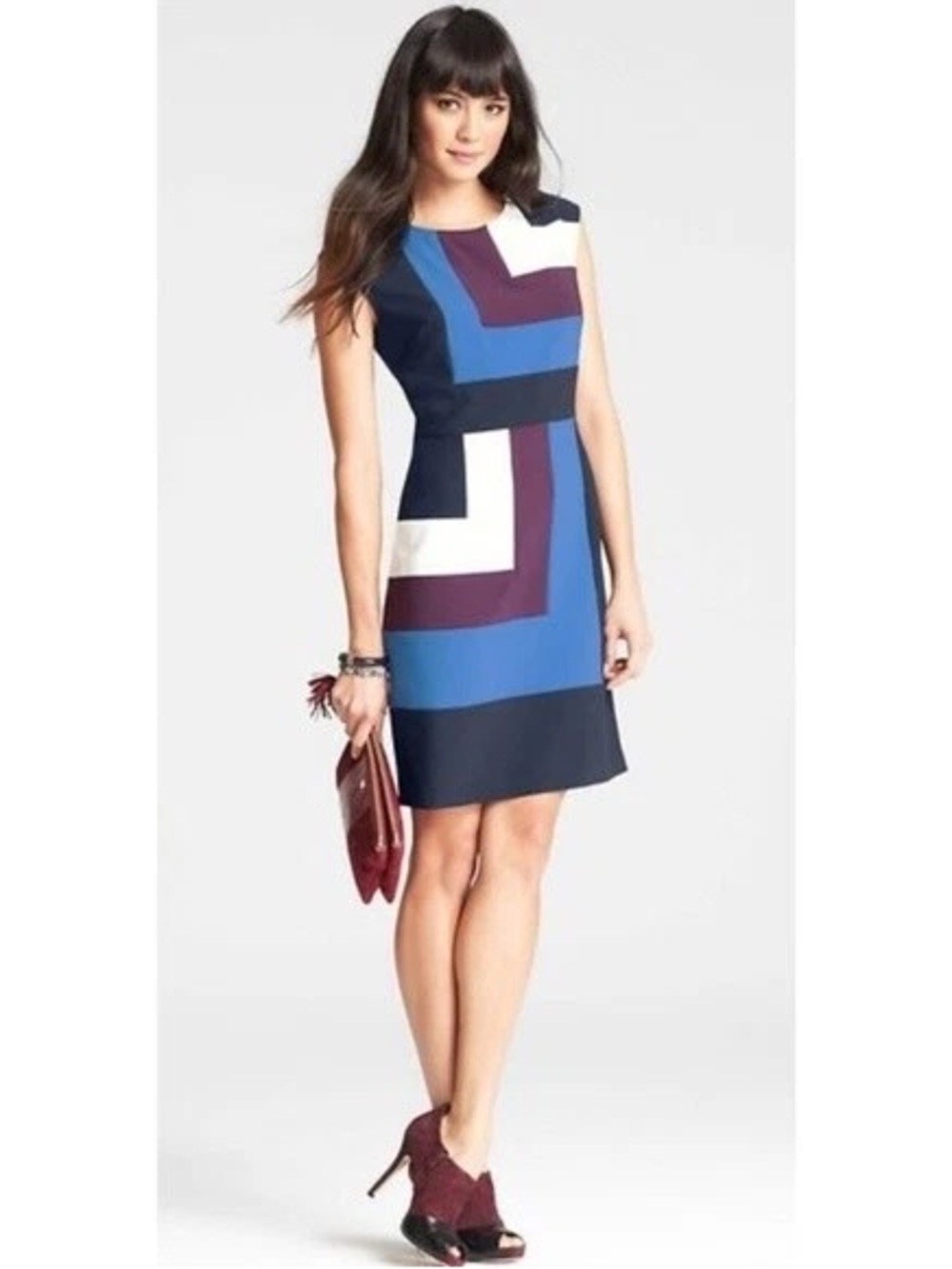 Ann Taylor Navy, Blue, White & Plum Geometric Sheath Dress
